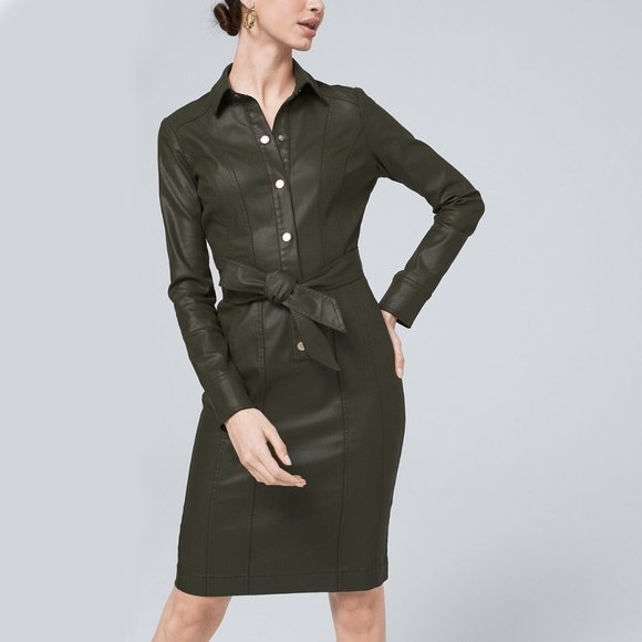 WHBM $160 LEATHER-LIKE Coated Stretch Denim Dress Faitigue Dark Olive Green 14 - Picture 1 of 6